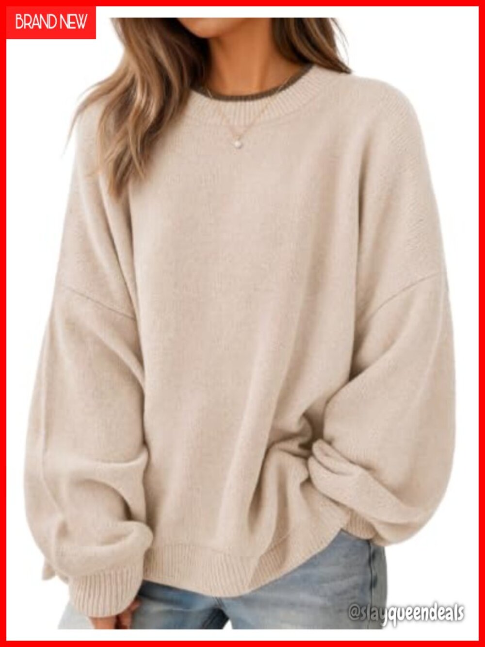 Oversized Crew Neck Pullover Sweater with Batwing Sleeves